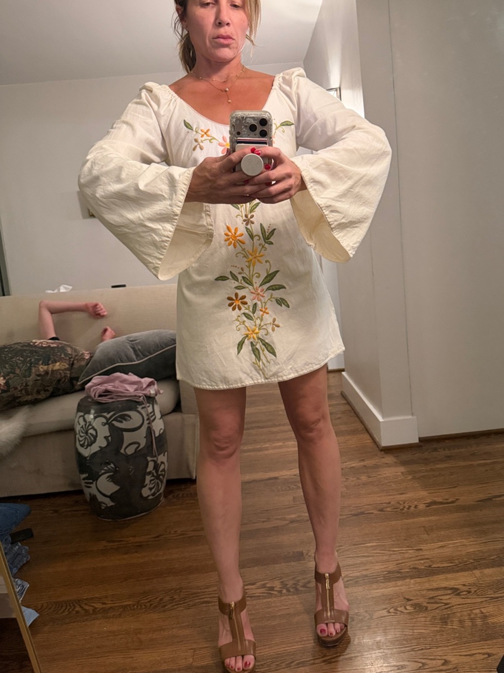 Free People Cream Mini Dress with Yellow & Green Floral Embroidery